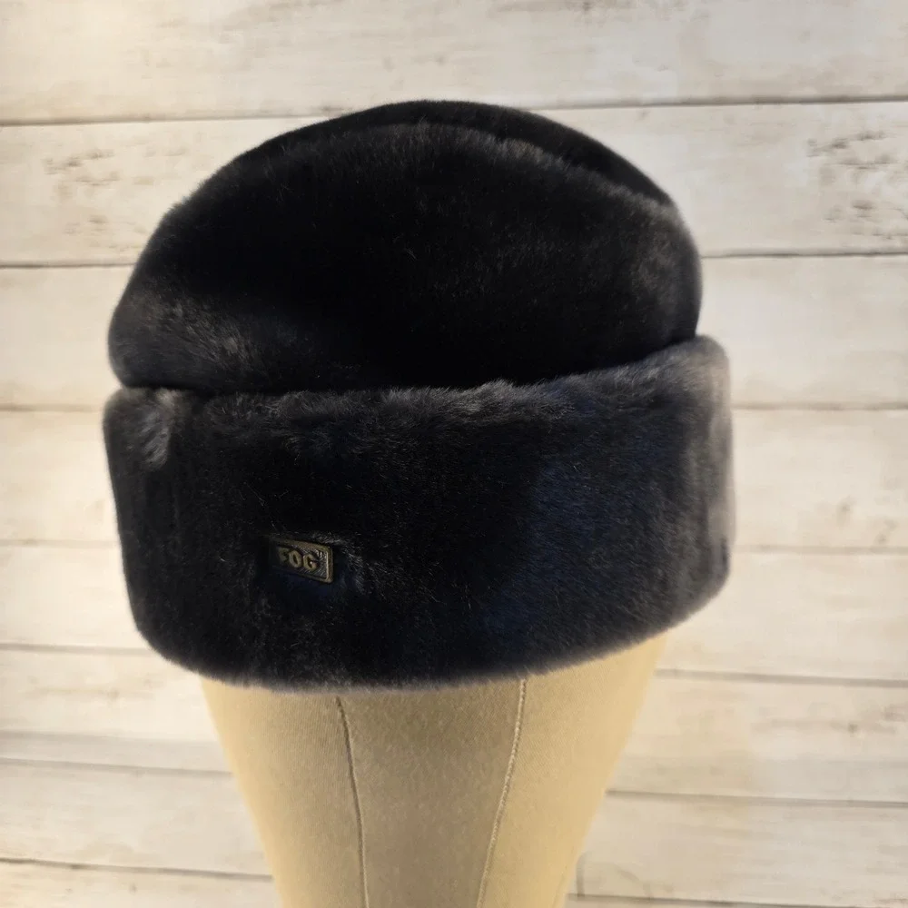 Vintage London Fog Faux Fur Pillbox Hat Mens Medium Gray Black Cossack Winter
